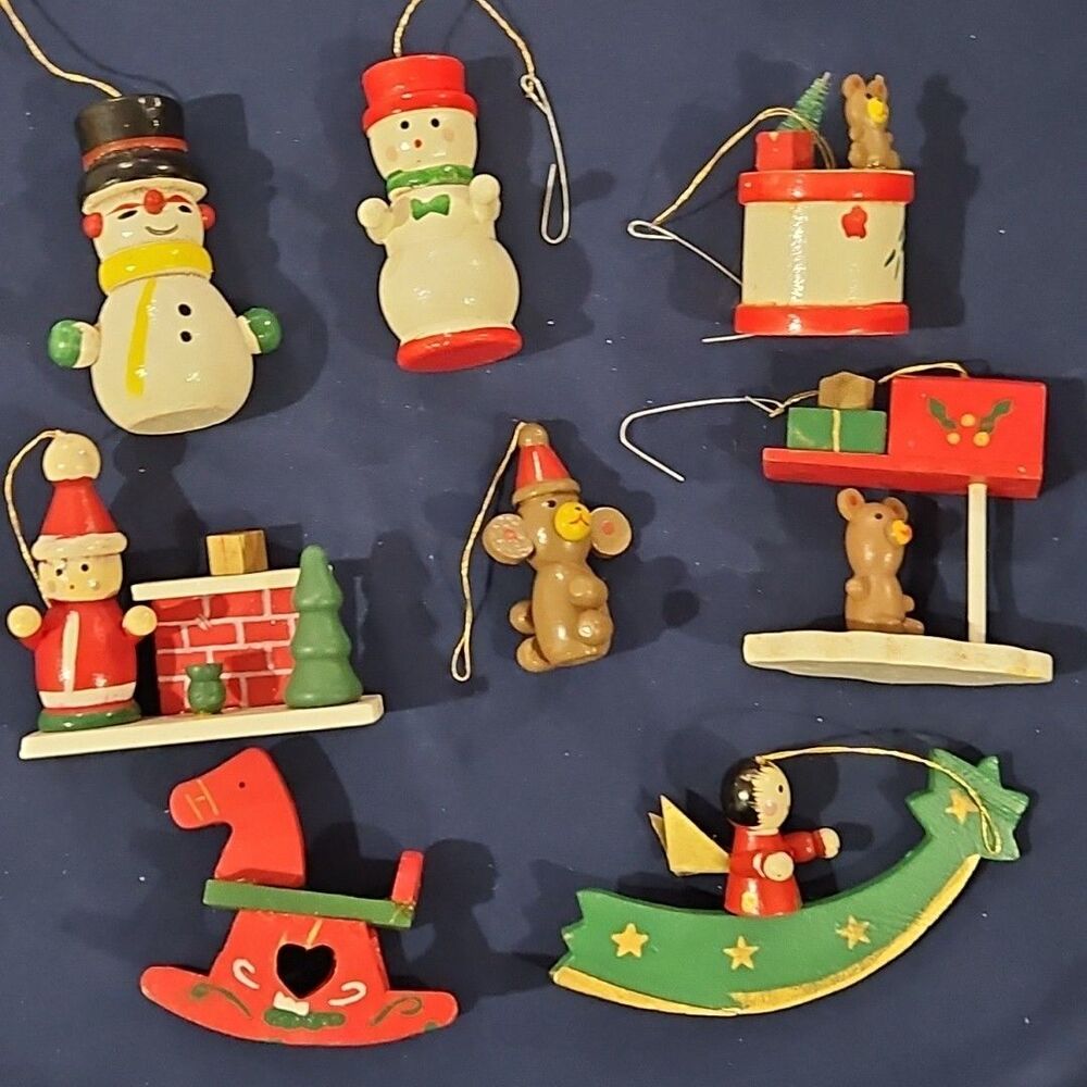 Set of 8 Wooden Hand Painted, Colorful Ornaments, Vintage 2 Inches Tall